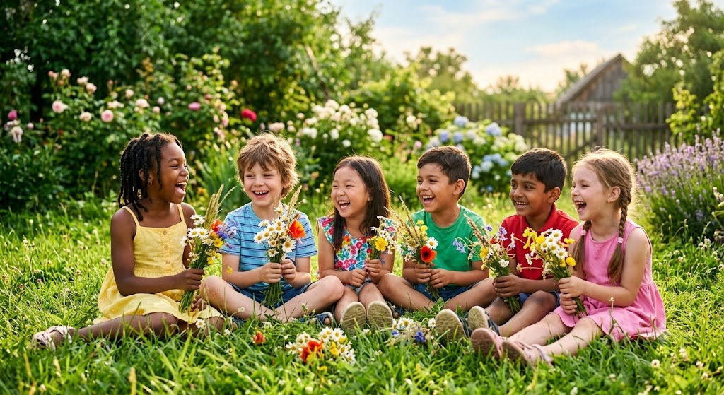Kids with flowers