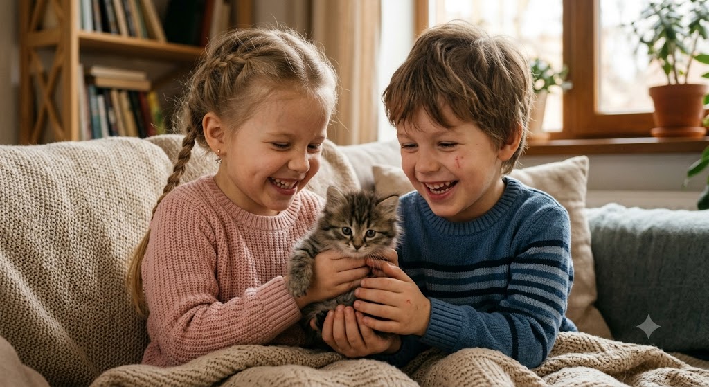Kids with a kitten